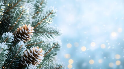 Snow-Covered Pine Branch with Pine Cones and Blurred Lights