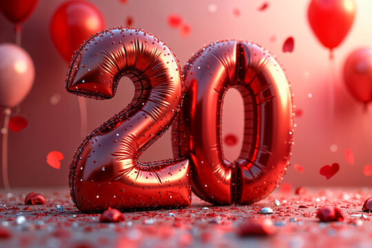 20th birthday card. Large, shiny red number 20 with a balloon background and confetti scattered around it.