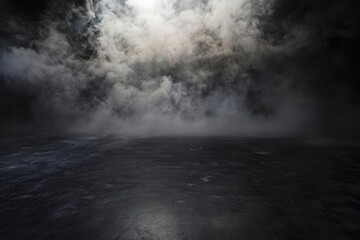 A misty and atmospheric scene with swirling smoke and a dark floor, creating a mysterious and moody ambiance.