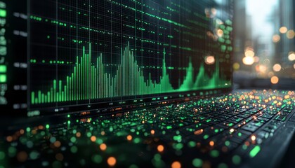 Obraz premium Visual representation of financial data analysis on a laptop with city lights in the background