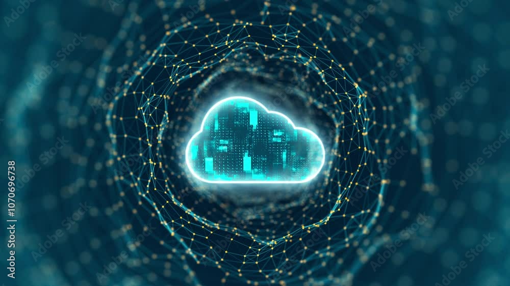 Poster motion graphic of blue digital cloud computing logo and tunnel line connection with storage big data
