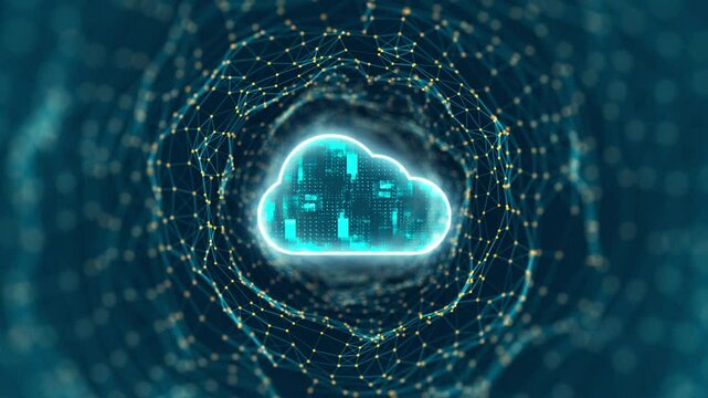 Motion graphic of Blue digital cloud computing logo and tunnel line connection with storage big data backup technology concepts abstract background