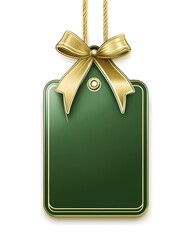Green gift tag with a gold bow for decoration.