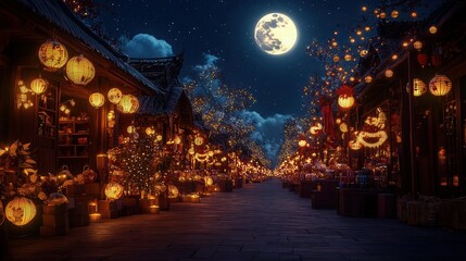 A market street lined with illuminated New Year decorations, glowing lanterns, and sparkling lights. 