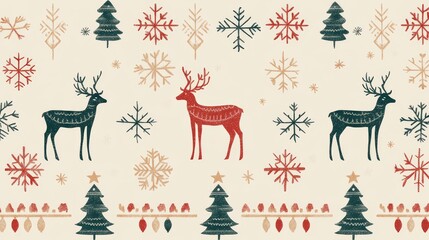 A background with minimalistic patterns inspired by classic Christmas sweaters such as reindeer and snowflakes in soft muted colors