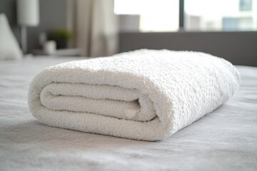 A neatly folded white towel placed on a bed, suggesting cleanliness and comfort in a living space.