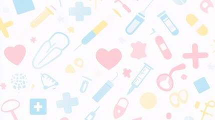 Medical Icons Pattern Background with Hearts, Syringes, and Bandages