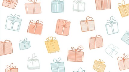 A background with simple outlined gift boxes in soft pastel colors arranged in a clean organized pattern