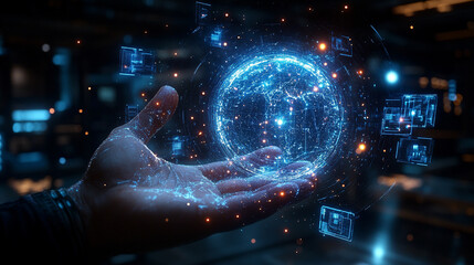Obraz premium futuristic digital world concept featuring a hand holding a glowing digital globe, symbolizing technology, innovation, and the interconnectedness of the digital era