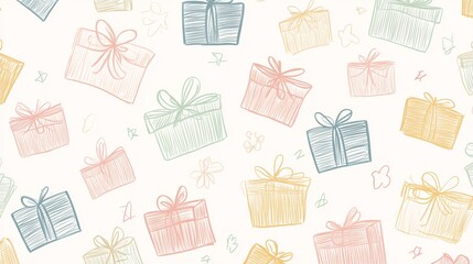 A background with simple outlined gift boxes in soft pastel colors arranged in a clean organized pattern