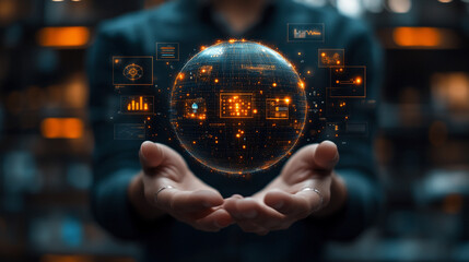 futuristic digital world concept featuring a hand holding a glowing digital globe, symbolizing technology, innovation, and the interconnectedness of the digital era