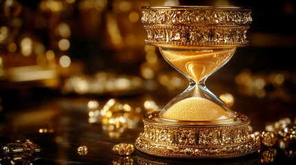 elegant hourglass with flowing sand symbolizes the passage of time, impermanence, and the constant movement of life. It evokes reflection on mortality, change, and the importance of the present moment