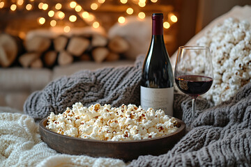 a romantic movie night setup with popcorn, wine, and a cozy blanket.
