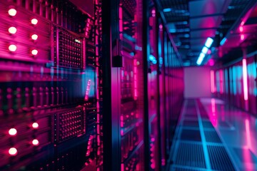 Obraz premium Advanced data center with glowing lights and server racks illuminated in pink and blue colors during nighttime. Generative AI