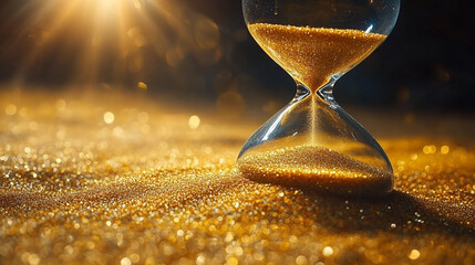 elegant hourglass with flowing sand symbolizes the passage of time, impermanence, and the constant movement of life. It evokes reflection on mortality, change, and the importance of the present moment