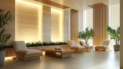 Fototapeta premium Interior design bamboo furniture. A modern, serene lounge with wooden accents, soft lighting, and lush greenery creates a tranquil space for relaxation.