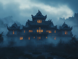 Obraz premium chinese style haunted victorian mansion, haunted by dark ghost and monsters, dark fantasy, photorealistic, doomsday scene,spooky