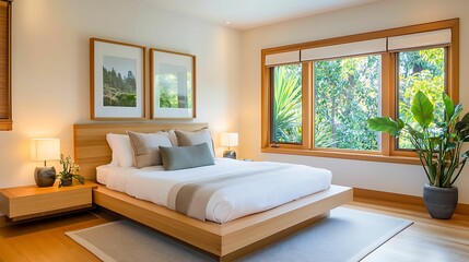 Interior design bamboo furniture. A serene bedroom featuring a wooden bed, cozy decor, and large windows that invite natural light and greenery inside.
