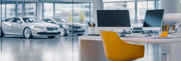 modern car dealership office with a computer on the desk. rental car showroom dealership. 