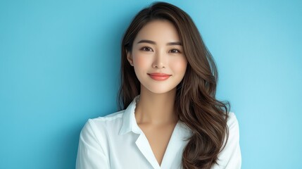 Obraz premium A beautiful woman with flawless skin and a bright smile, standing against a peaceful blue background, perfect for skincare and beauty product text.