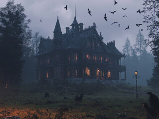 Obraz premium haunted victorian mansion, dark fantasy, gothic horror, ominous, scary, haunted house