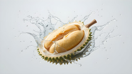 Water Splash On Ripe Durian Fruit isolated On white Background.