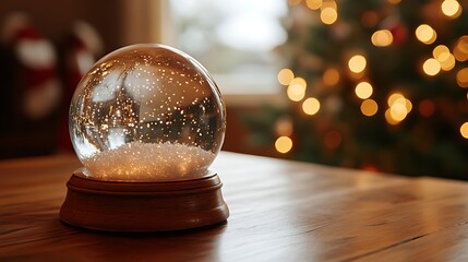 A clean, classic wooden table holding a snow globe, background softly blurred with warm, golden holiday lights, cozy and inviting feel. --ar 16:9