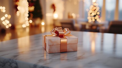 A clean marble table showcasing a small gift box with a shiny bow, background softly blurred with warm-toned holiday decorations and Christmas lights, creating a festive and inviting mood. --ar 16:9
