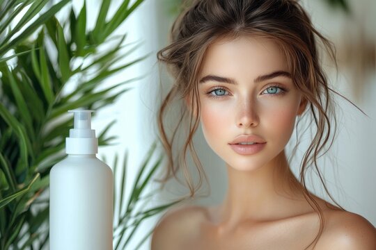 Young woman with radiant skin poses with skincare product near lush greenery indoors