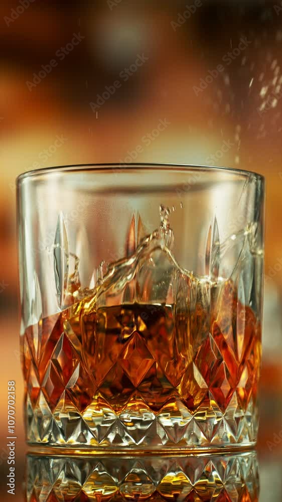 Poster super slow motion of falling ice into glass of whiskey. filmed on high speed cinema camera, 1000 fps