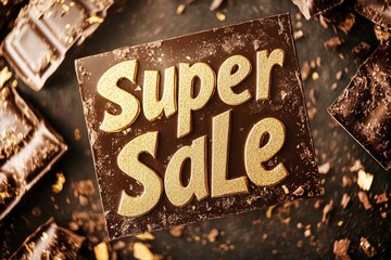 The inscription "Super Sale" in bright golden letters on a dark chocolate background. A marketing tool for increasing sales of goods and services.
