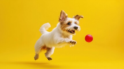 Playful pet dog chases a vibrant red toy in dynamic action against yellow background