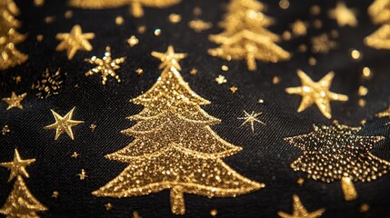 Gold-threaded Christmas trees and stars subtly woven into a fabric background, offering a refined and classy festive scene with a touch of holiday sparkle.