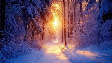A serene winter landscape with snow-covered trees illuminated by a warm, golden sunset, creating a magical atmosphere.