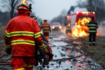 Obraz premium Firefighters responding to a vehicle fire while rescuing an injured person near a muddy road