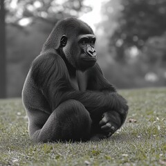 view of a gorilla sitting on the grass with a sad expression