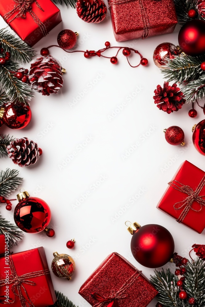 Sticker A beautiful display of red Christmas gifts and ornaments on a white background for celebrations