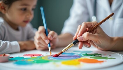 Naklejka premium Hands of a Child and Adult Painting Together, Symbolizing Creative Therapy for Alzheimer's