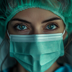 Healthcare worker wearing mask and cap poses for portrait in a clinical setting