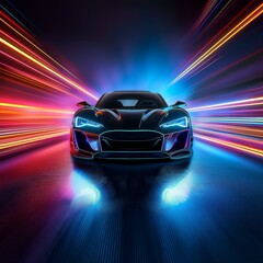 Neon-lit black sports car wallpaper with a vibrant, futuristic background, perfect for high-energy designs and digital art