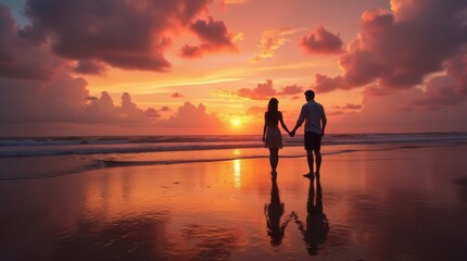 Fototapeta premium Couple standing hand-in-hand on a beach, silhouetted against a vibrant sunset. The sky is filled with hues of orange, pink, and purple, reflecting on the water