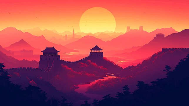 Splendid landscapes the Great Wall, Yellow Rivers, National Day holiday poster background. Peaceful mountain landscape with sunset, lake, and trees, minimalist nature illustration.