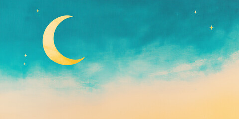 Fototapeta premium Soft Crescent and Stars: Blue and gold gradient, minimalist design