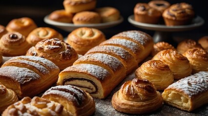 A variety of freshly baked pastries displayed on a table, showcasing their golden-brown textures.