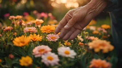 An elderly hand reaches out to touch delicate flowers in a lively garden filled with various colors, illuminated by the warm glow of sunset, evoking tranquility and connection.
