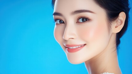 Obraz premium A close-up of a beautiful Thai woman with a natural smile, her flawless skin glowing against a calming blue backdrop, offering plenty of space for beauty brand messaging.