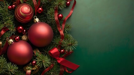 red christmas balls with green background