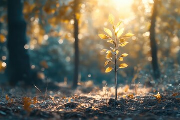 A young tree sprouting in a sunlit forest clearing, with delicate leaves catching golden light, representing the emergence and nurturing of new ideas.