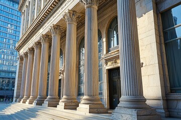 Obraz premium A close-up view of a classical building with ornate columns and large doors, showcasing architectural elegance and historical significance.
