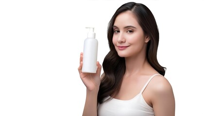 Smiling woman holding a cup of coffee, caring for her skin with beauty cream